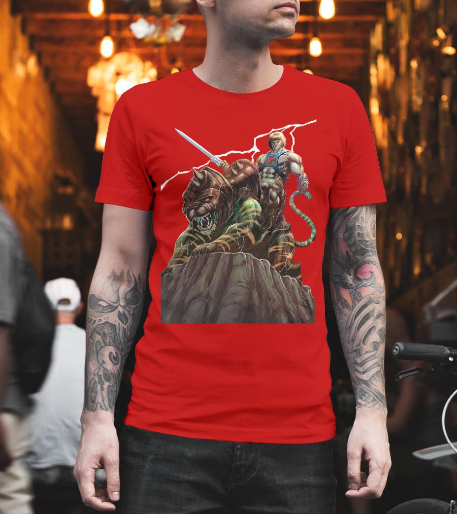 He-Man Masters of the Universe Sword and Battle Cat on Rock with Lightning T-Shirt