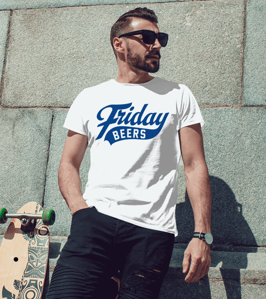 Friday Beers Signature White Logo Blue Text T-Shirt