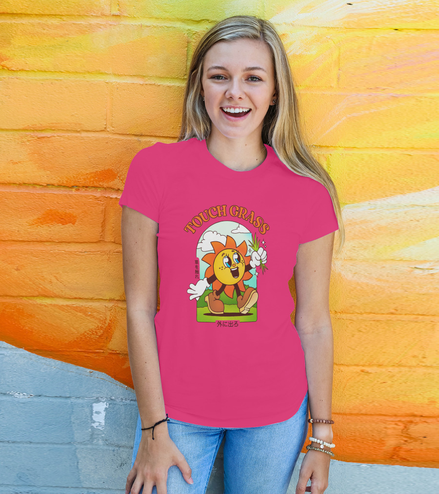 TOUCH GRASS Hellvetika Sunflower Character Boots Japan Text T-Shirt