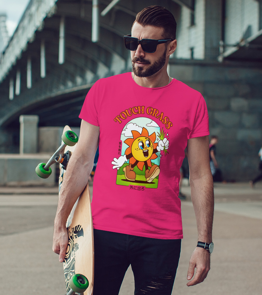 TOUCH GRASS Hellvetika Sunflower Character Boots Japan Text T-Shirt