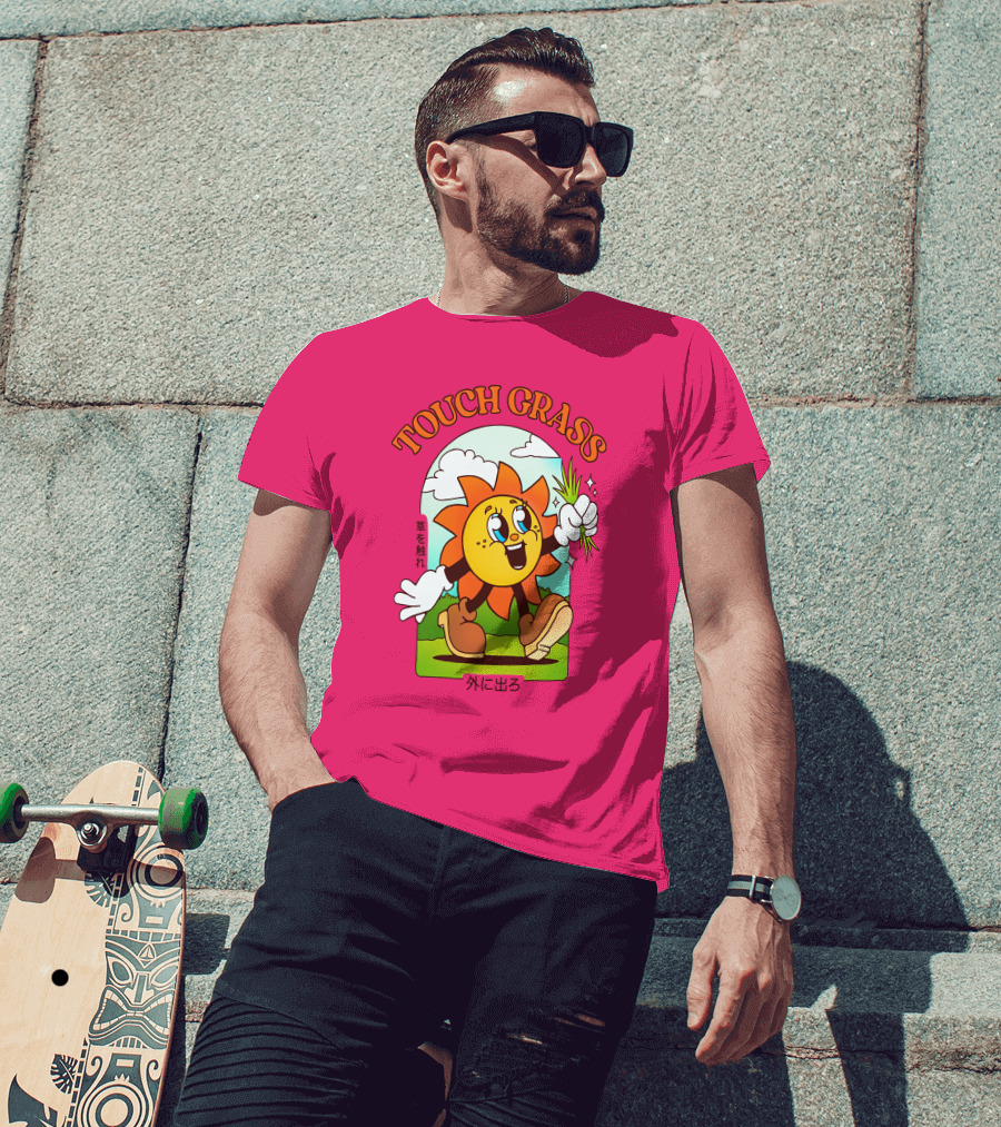 TOUCH GRASS Hellvetika Sunflower Character Boots Japan Text T-Shirt