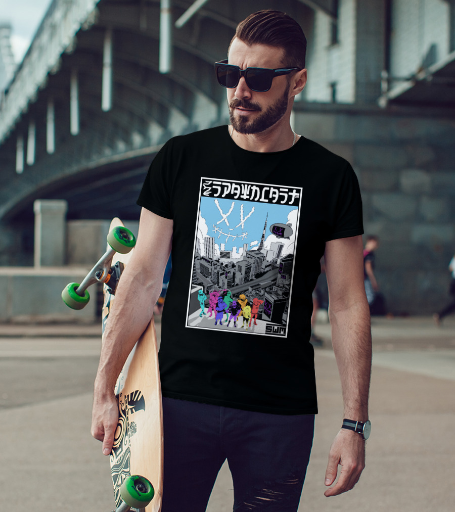 Spawncast Cyberpunk Cityscape With Masked Figures And Smiling Skyline Eyes T-Shirt
