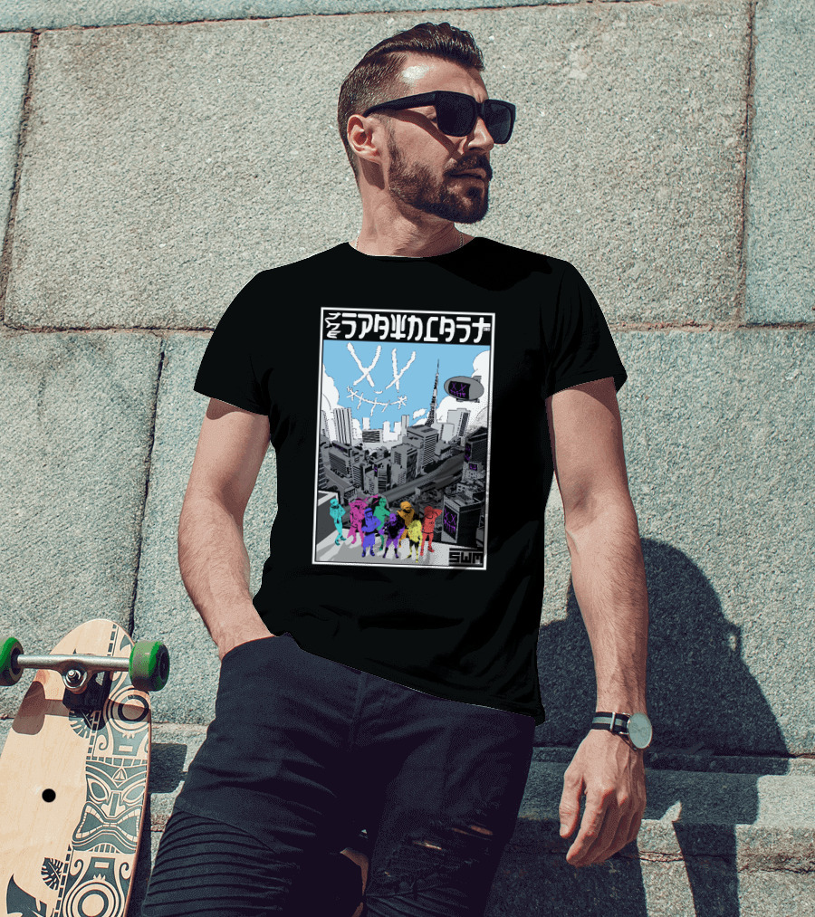 Spawncast Cyberpunk Cityscape With Masked Figures And Smiling Skyline Eyes T-Shirt