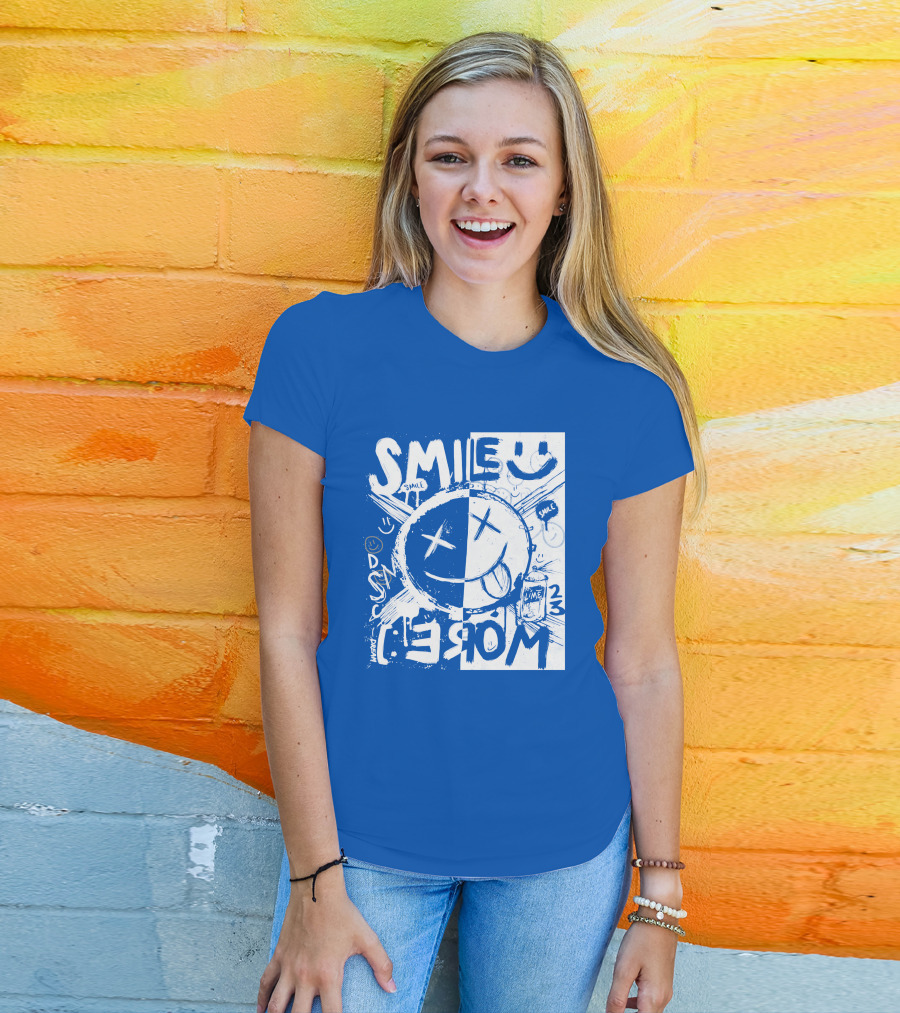 Smile More April Members Only Blue Grunge Style Smiley Face T-Shirt