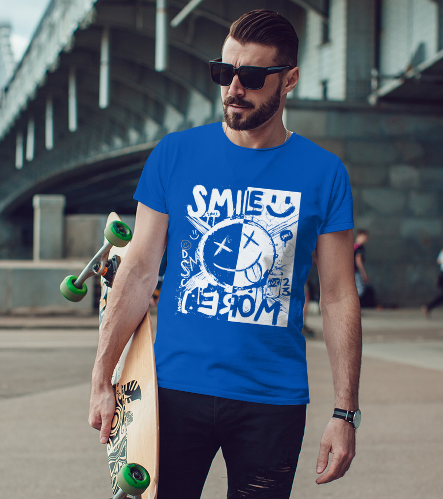 Smile More April Members Only Blue Grunge Style Smiley Face T-Shirt