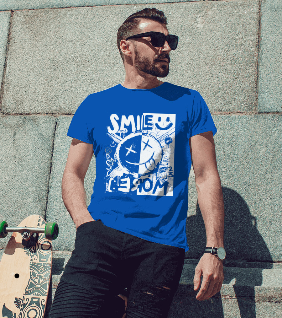 Smile More April Members Only Blue Grunge Style Smiley Face T-Shirt