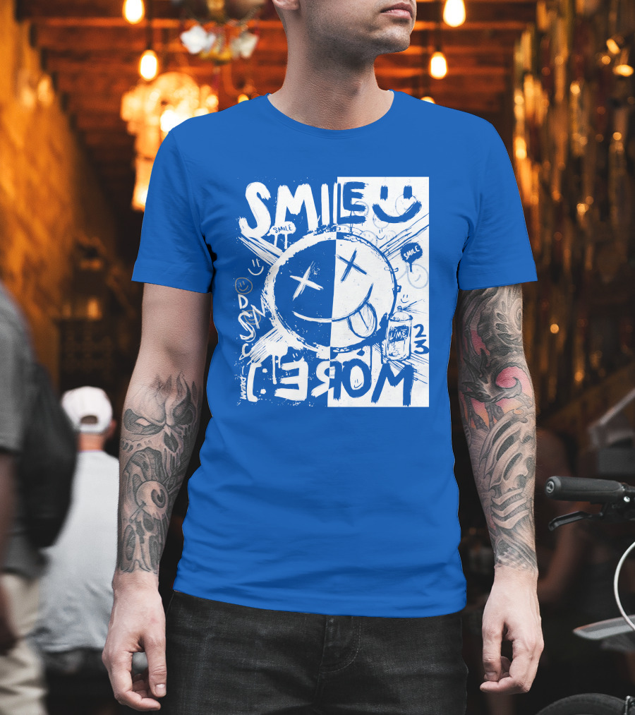 Smile More April Members Only Blue Grunge Style Smiley Face T-Shirt