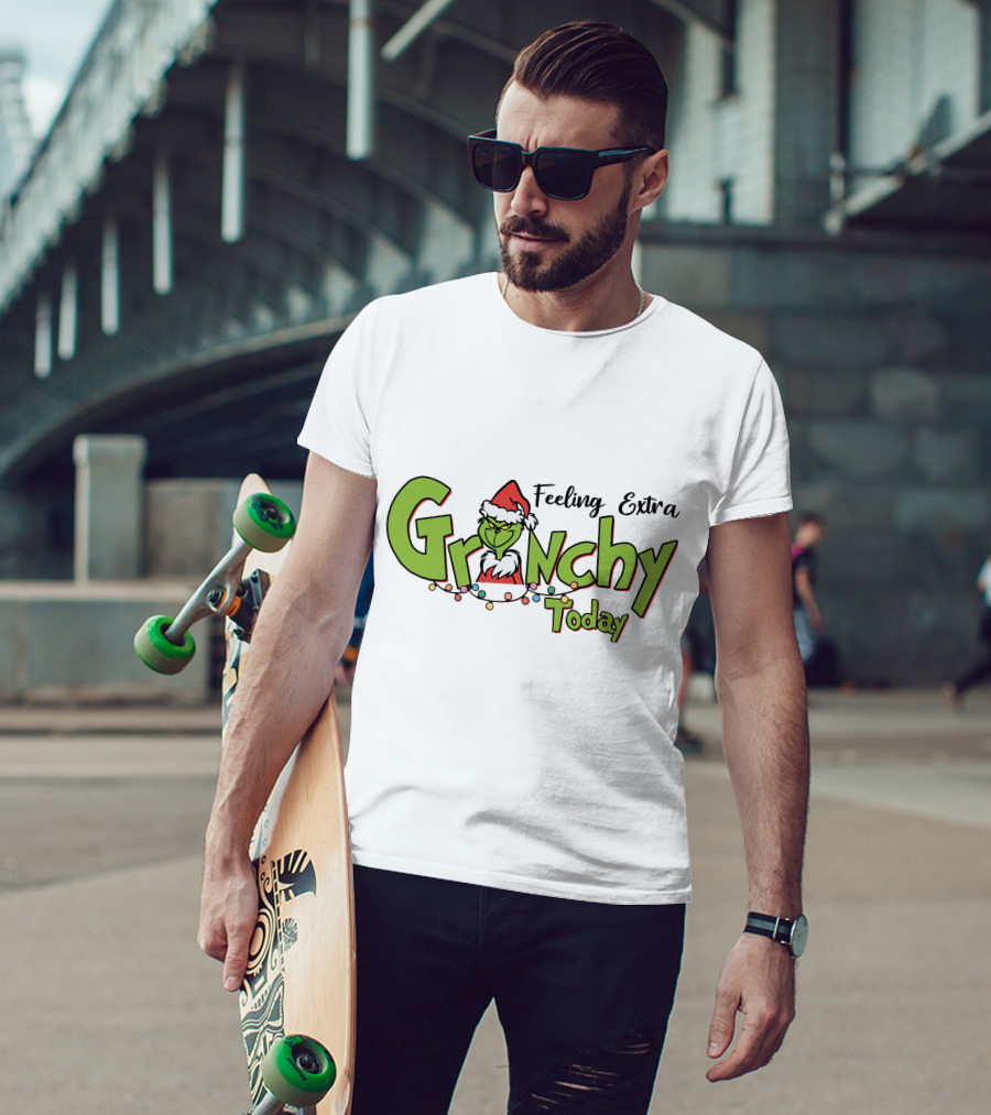 Feeling Extra Grinchy Today Santa Hat Christmas Lights T-Shirt
