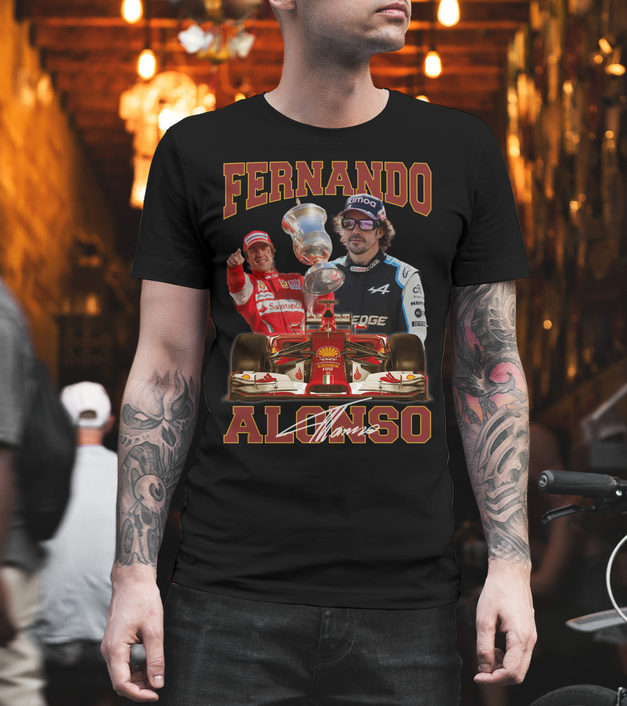 Fernando Alonso F1 Racing Legend with Trophy and Cars T-Shirt