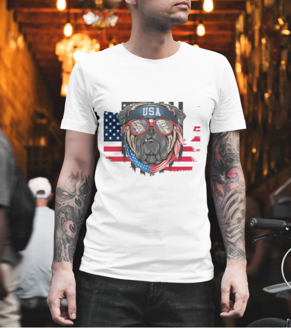USA Bandana Glasses American Bulldog with Flag Background T-Shirt USA Bandana Glasses American Bulldog with Flag Background T-Shirt
