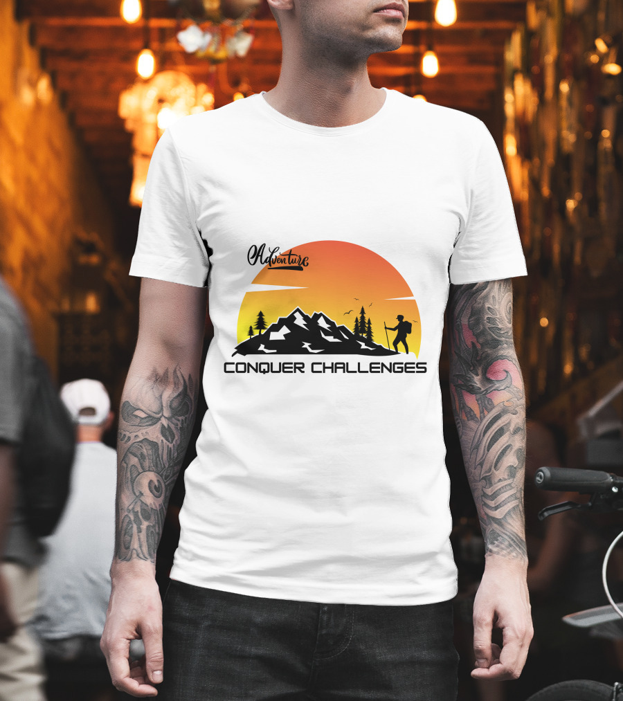 Adventure Conquer Challenges Mountain Hiking Silhouette Sunset Scene T-Shirt