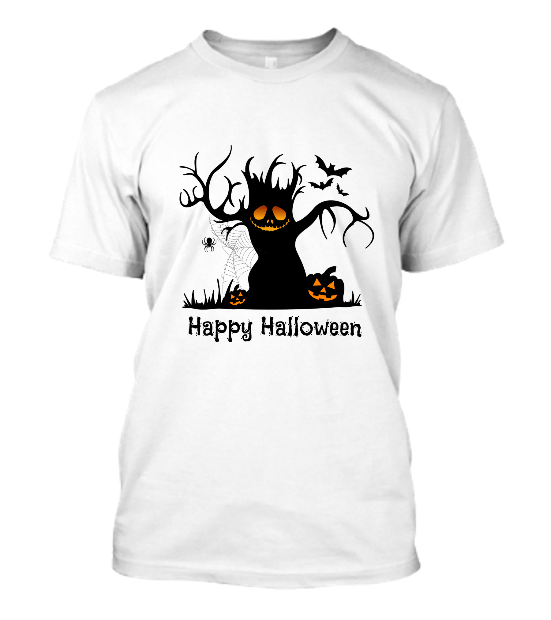 Happy Halloween Tree With Pumpkins, Bats, And Spiderweb T-Shirt