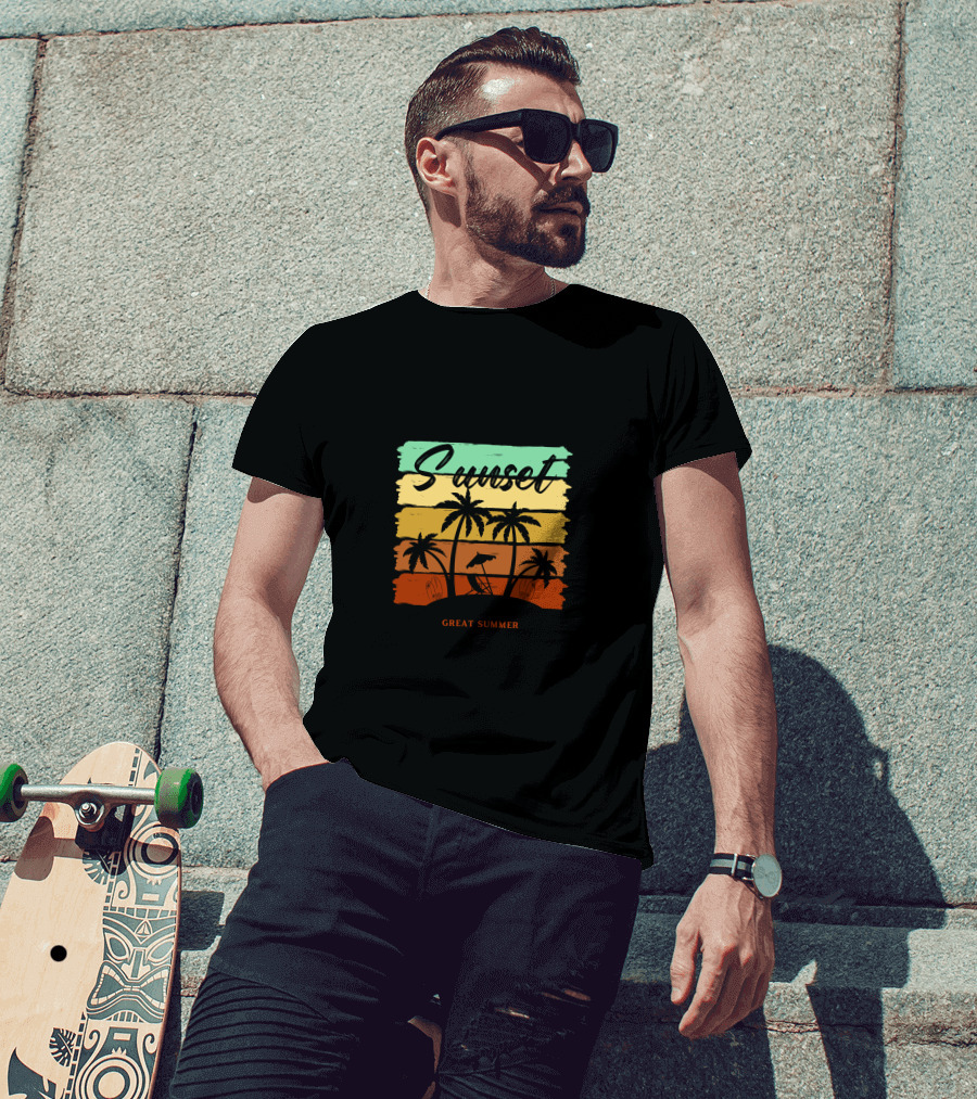 Sunset Great Summer Palm Trees Beach Scene T-Shirt