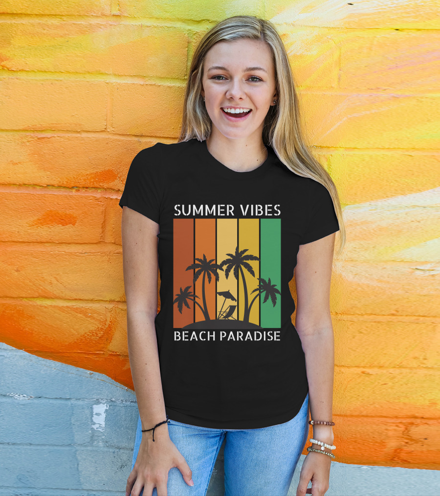SUMMER VIBES BEACH PARADISE Palm Trees And Lounge Chair On Sunset Stripes T-Shirt