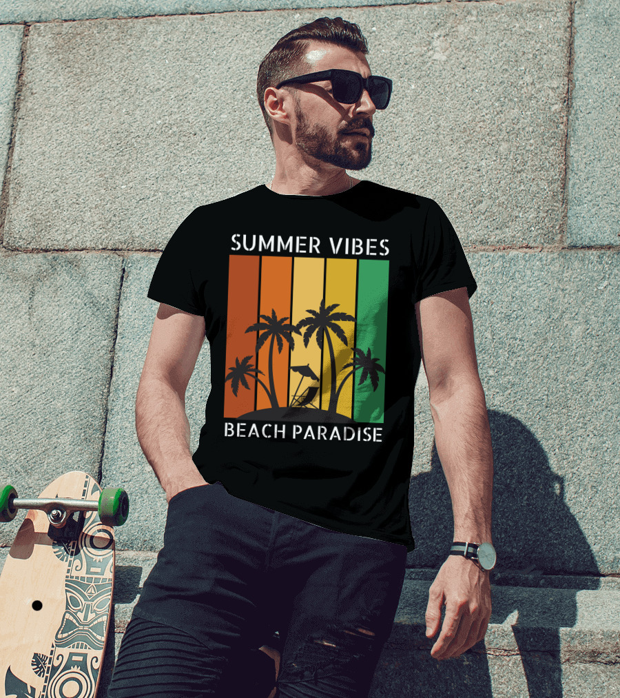 SUMMER VIBES BEACH PARADISE Palm Trees And Lounge Chair On Sunset Stripes T-Shirt