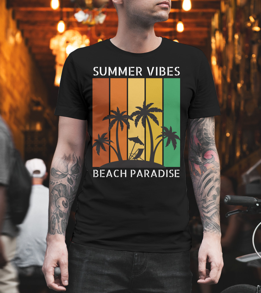 SUMMER VIBES BEACH PARADISE Palm Trees And Lounge Chair On Sunset Stripes T-Shirt
