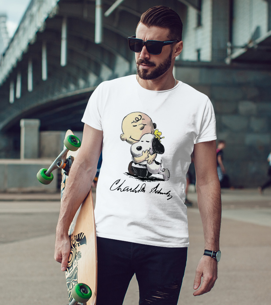 Peanuts Charlie Brown Snoopy Woodstock Hug By Charles Schulz T-Shirt