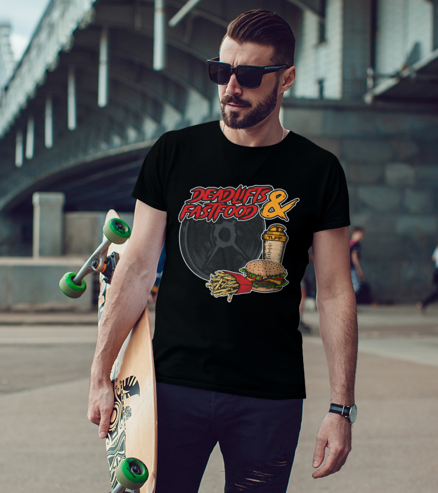 Deadlifts And Fastfood Burger Fries Protein Shake Weight Plate T-Shirt