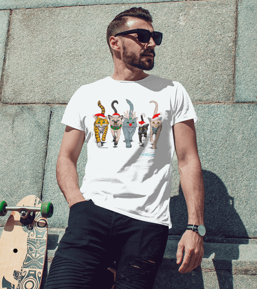 Festive Florida 90s Christmas Cats Holiday Santa Hats And Reindeer Antlers T-Shirt