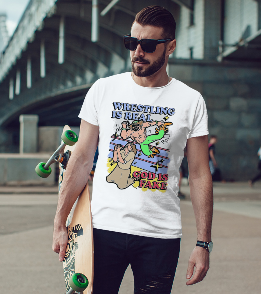 Wrestling Is Real God Is Fake Comic Style Wrestling Match With Spectators T-Shirt