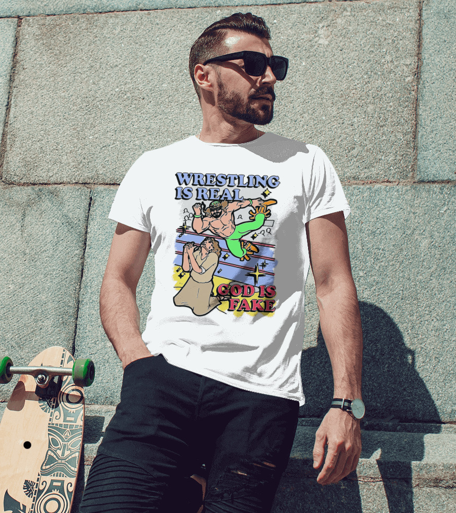 Wrestling Is Real God Is Fake Comic Style Wrestling Match With Spectators T-Shirt
