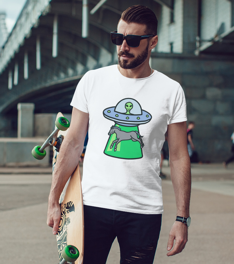 Alex's Stupid Studio Alien Lime UFO Abducting Horse T-Shirt