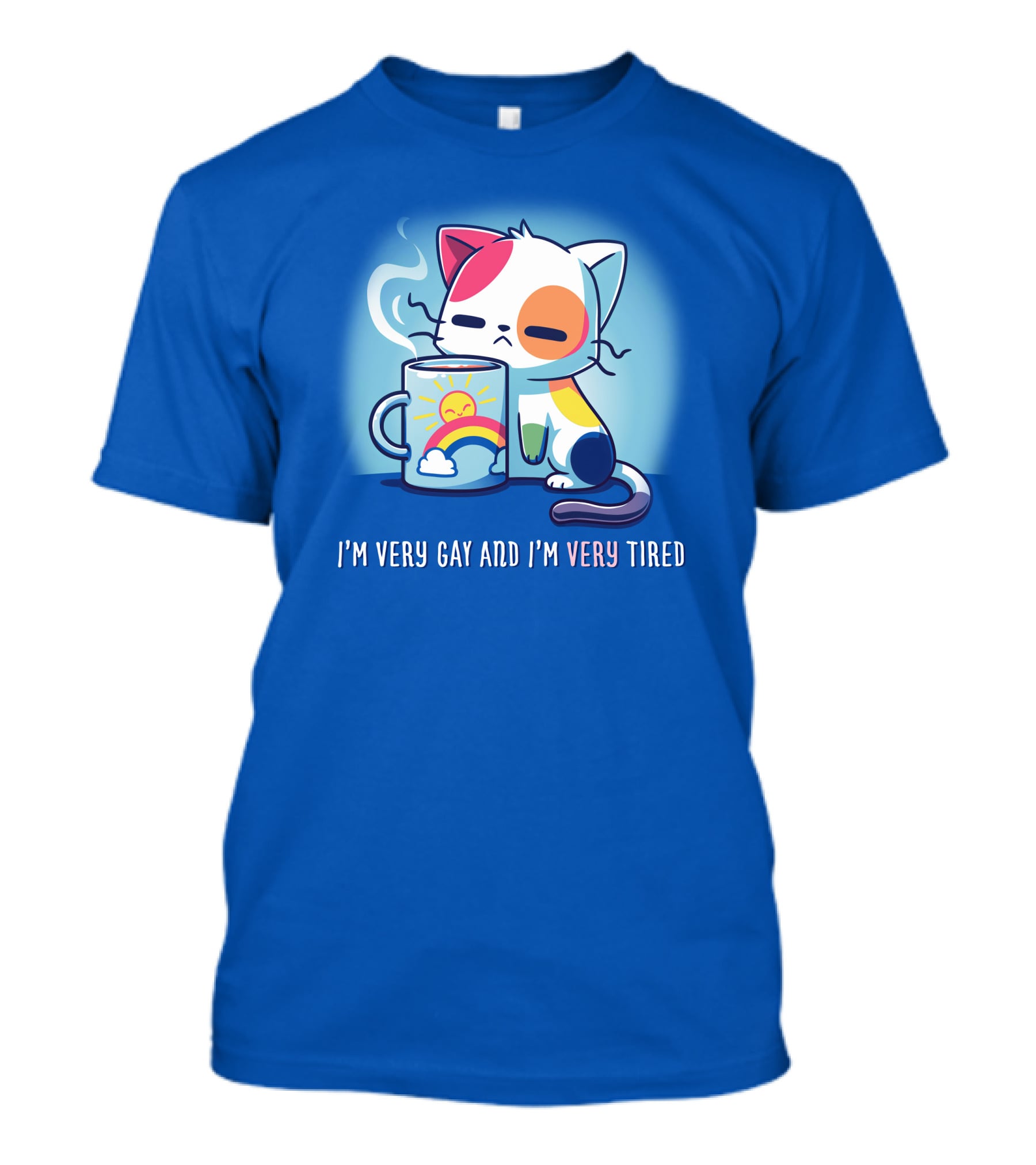 I'm Very Gay And I'm Very Tired Cat With Coffee And Rainbow Sun Cup T-Shirt
