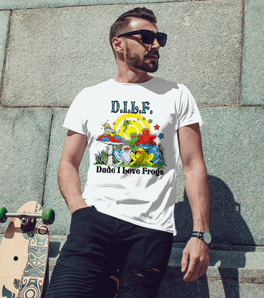 D.I.L.F. Dude I Love Frogs Colorful Frog Scene With Stars And Mushrooms T-Shirt