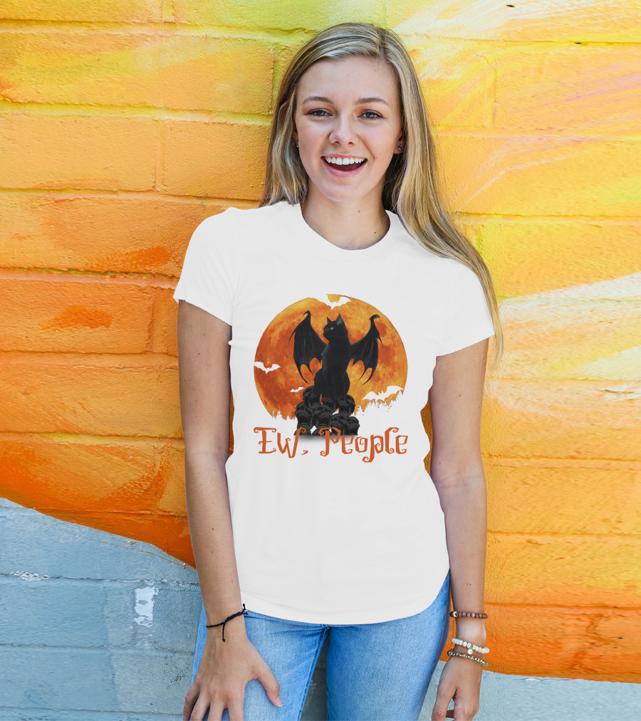 Ew People Black Cat With Bat Wings Halloween Orange Moon T-Shirt