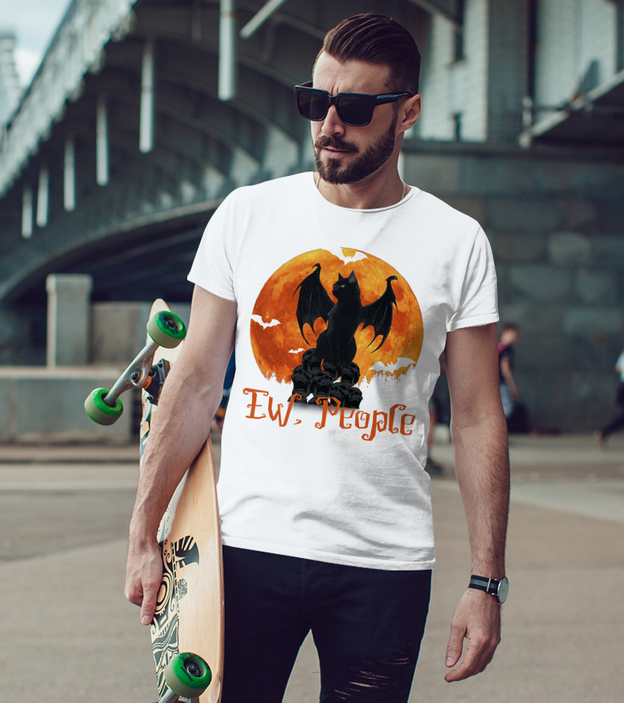 Ew People Black Cat With Bat Wings Halloween Orange Moon T-Shirt