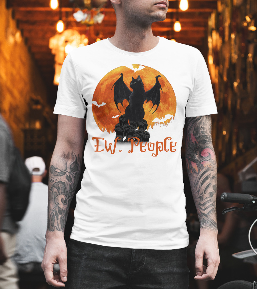 Ew People Black Cat with Bat Wings Halloween Orange Moon T-Shirt