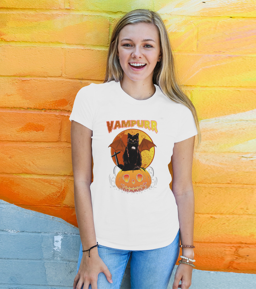 Vampurr Black Cat With Bat Wings And Pumpkin Halloween T-Shirt