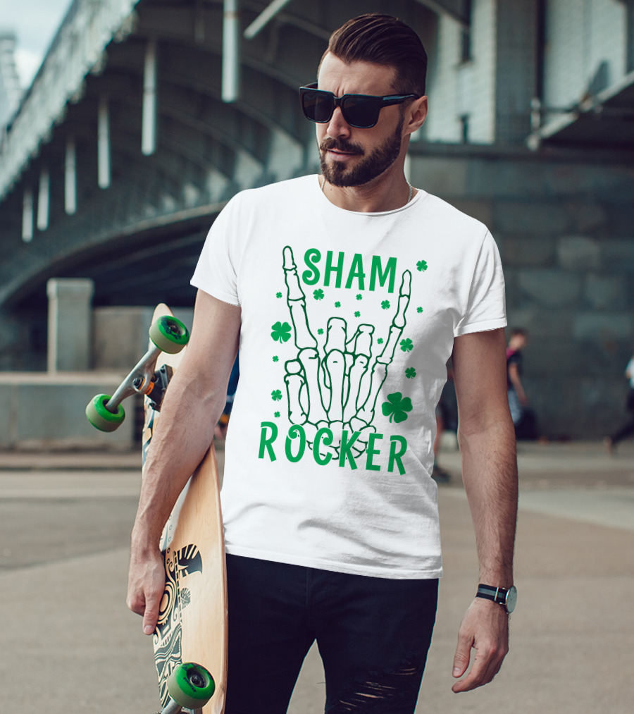 SHAM ROCKER Skeleton Hand With Shamrocks T-Shirt