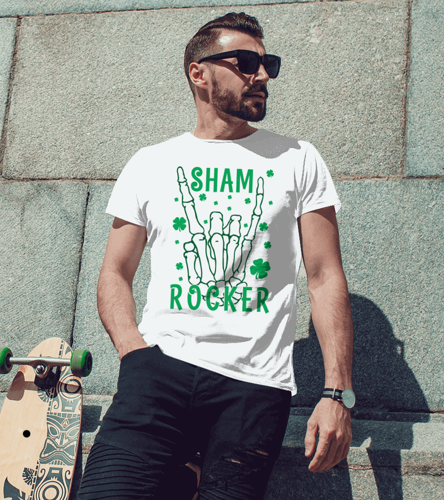SHAM ROCKER Skeleton Hand With Shamrocks T-Shirt