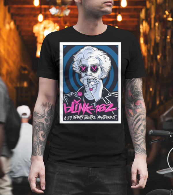 Blink-182 6-29 Xfinity Theatre Hartford CT Smoking Figure with Pink Crossed Out Eyes in Blue Spiral Background T-Shirt Blink-182 6-29 Xfinity Theatre Hartford CT Smoking Figure with Pink Crossed Out Eyes in Blue Spiral Background T-Shirt