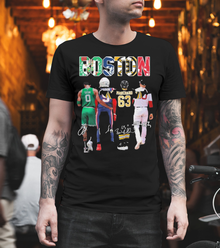 Boston Celtics Patriots Bruins Red Sox Tatum Iddon Marchand Signatures T-Shirt