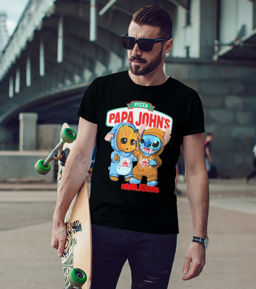 Papa John's Pizza With Groot And Stitch Characters T-Shirt