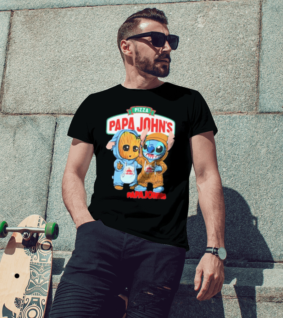 Papa John's Pizza With Groot And Stitch Characters T-Shirt