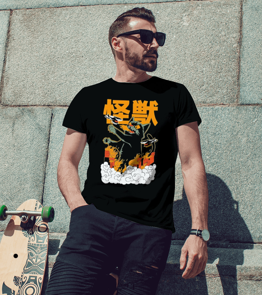 Kaiju No 8 Monster Cat Attack With Helicopters And Flames T-Shirt