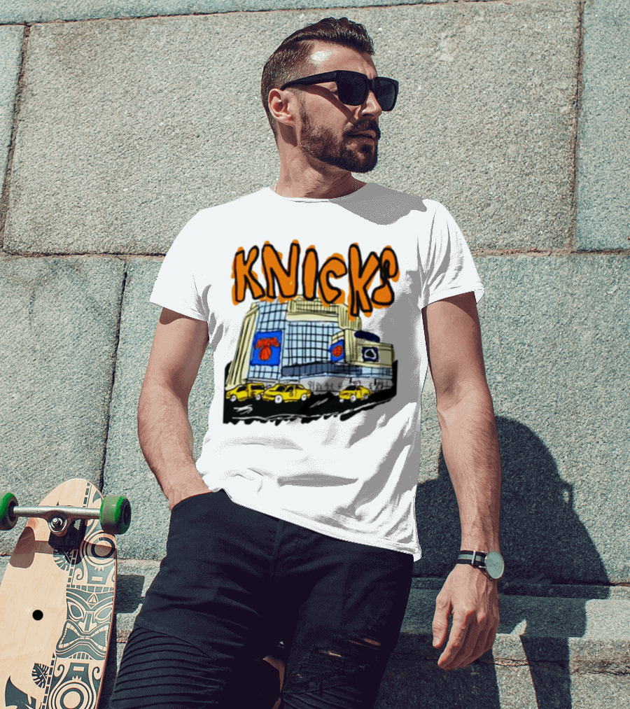 Knicks New York City Taxi Sketch With Arena Background T-Shirt