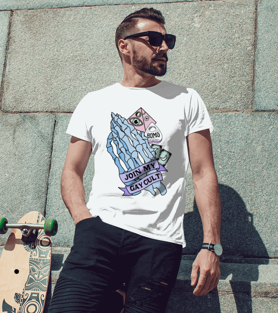Join My Gay Cult Homo Eye Pyramid Skeleton Hands T-Shirt
