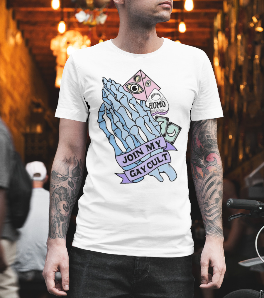 Join My Gay Cult Homo Eye Pyramid Skeleton Hands T-Shirt
