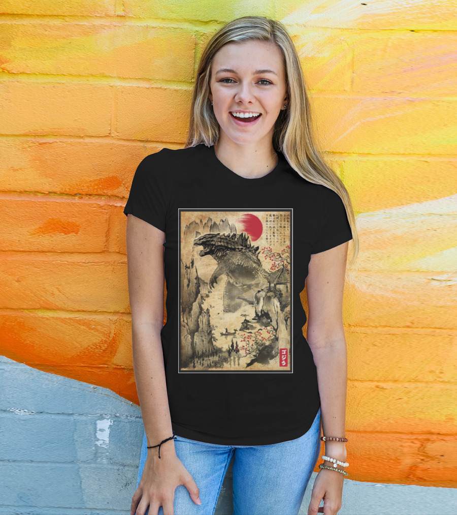 Gojira Japanese Woodblock Ukiyo-e Style With Red Sun And Cherry Blossoms T-Shirt
