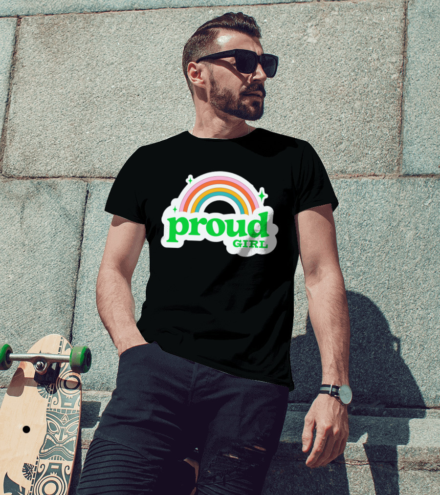 Proud Girl Green Text Rainbow With Sparkles T-Shirt