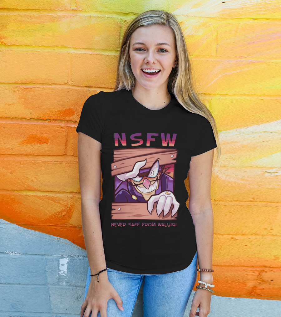 NSFW Never Safe From Waluigi Spaicy Waluigi Peeking Through Wooden Planks T-Shirt