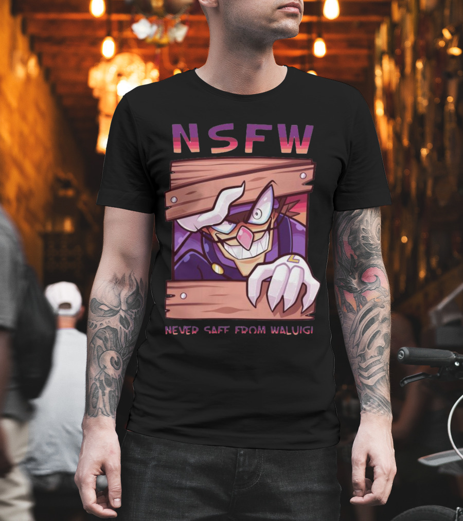 NSFW Never Safe From Waluigi Spaicy Waluigi Peeking Through Wooden Planks T-Shirt