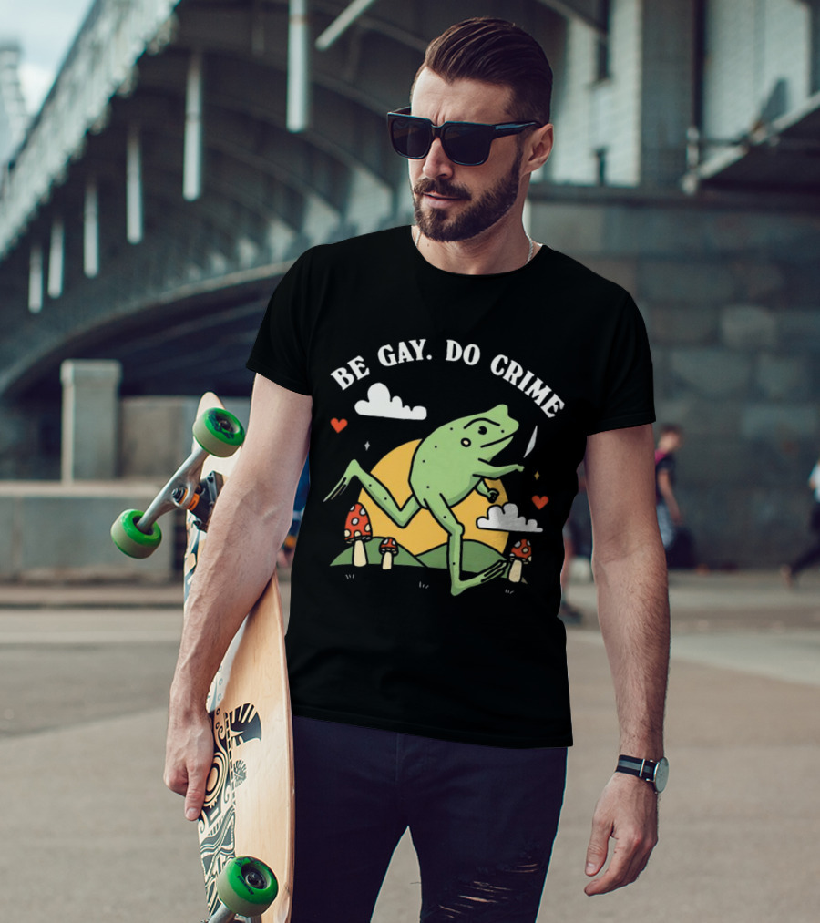 Be Gay Do Crime Frog Running With Knife And Mushrooms T-Shirt