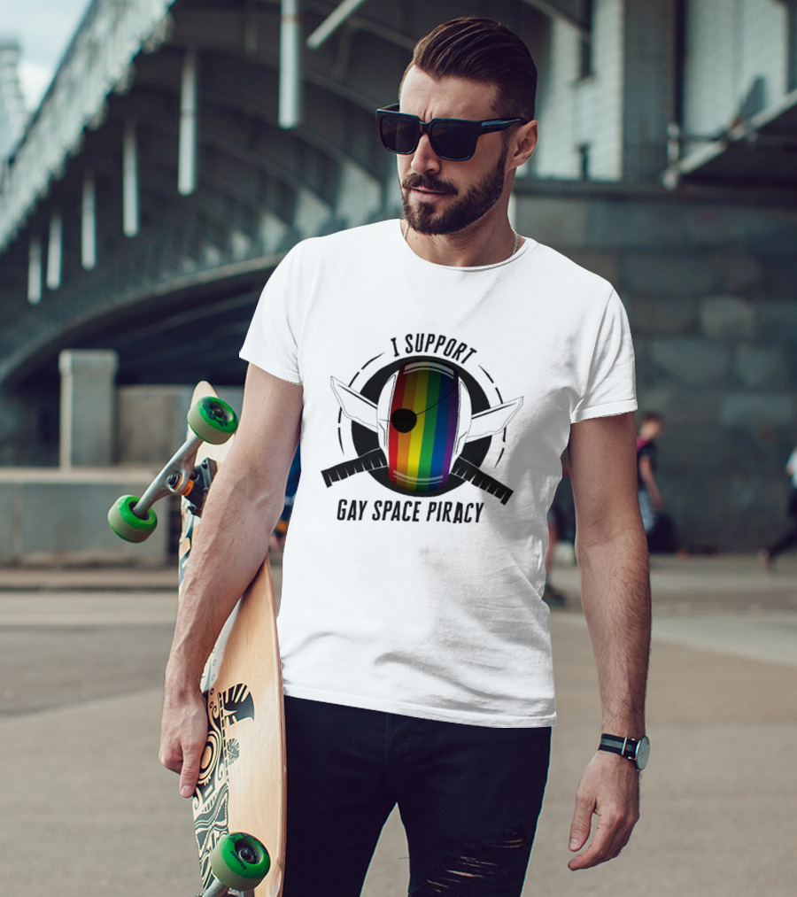 I Support Gay Space Piracy Pride Rainbow Flag Patch T-Shirt