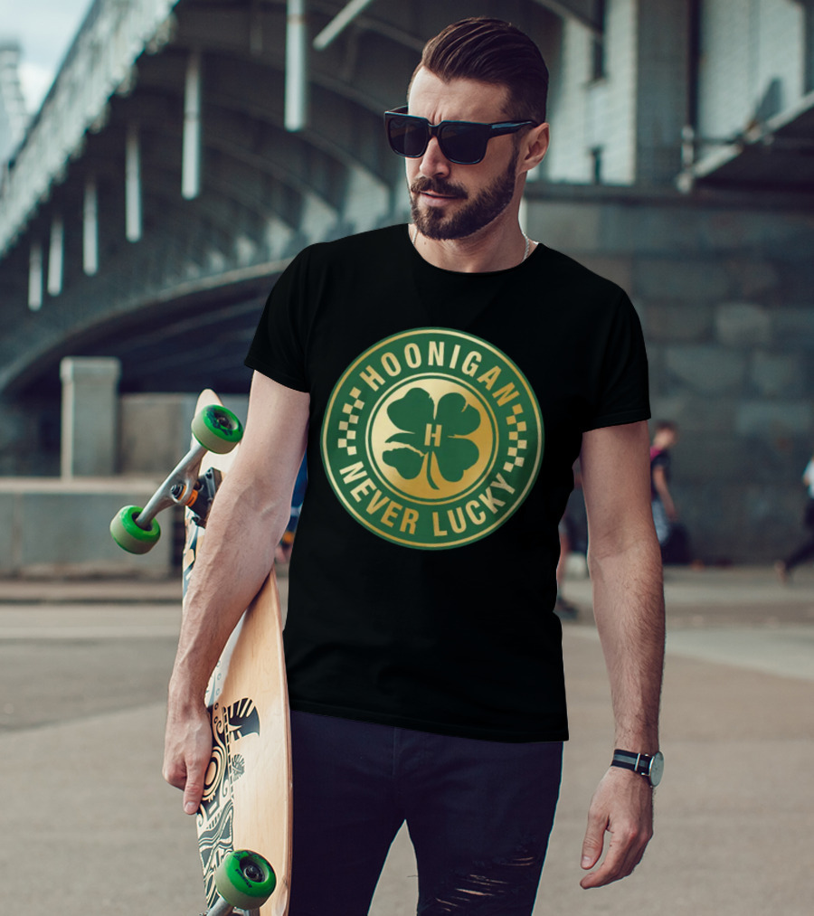 Hoonigan Never Lucky Four Leaf Clover Checkerboard Badge T-Shirt