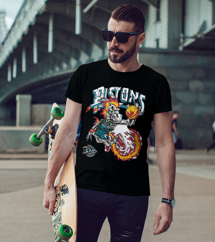 Sana Detroit Pistons Fiery Skeleton Basketball Dunk Pop-Up T-Shirt